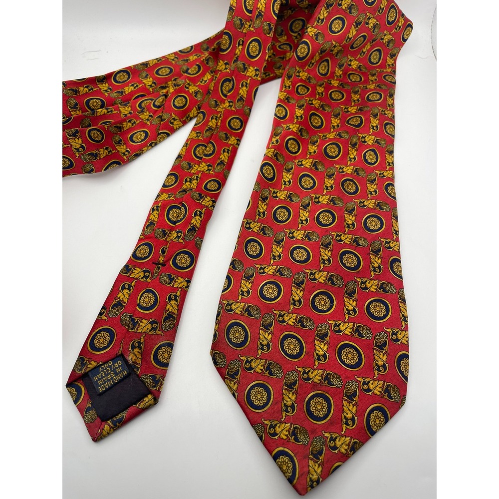 Richel Royal Red Silk Medallion Tie Hand Made in Spain Gold Navy Baroque Pattern